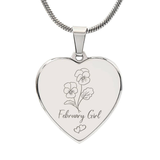 February Violet Engraved Heart Necklace