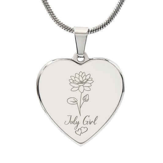 July Water Lily Engraved Heart Necklace