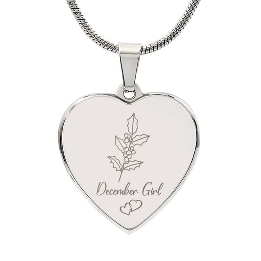 December Holly Berry Engraved Heart Necklace