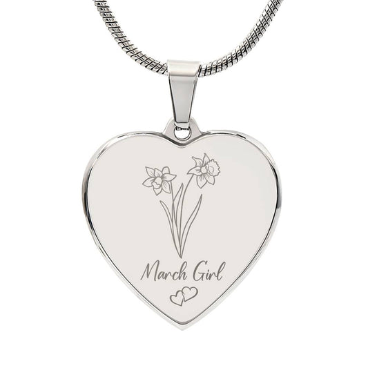 March Daffodil Engraved Heart Necklace