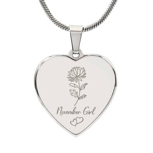 November Mum Engraved Heart Necklace