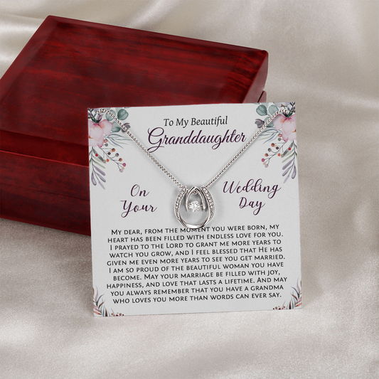 To My Granddaughter on your Wedding Day, Lucky In Love Necklace with Message Card. Wedding gift for granddaughter. Wedding wishes from Grandmother. 